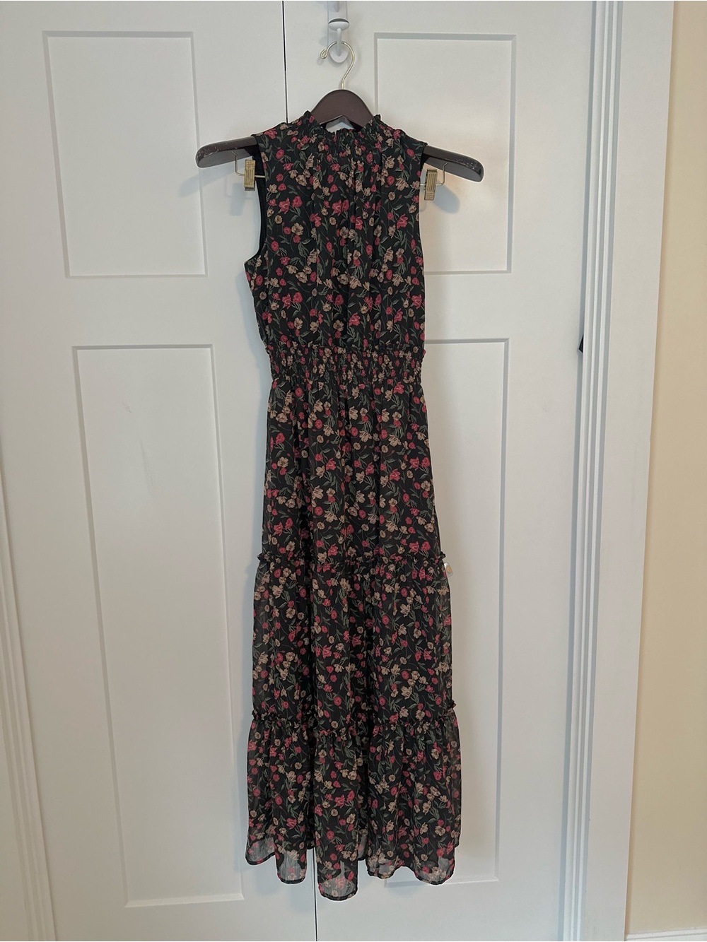 Draper James RSVP Clip Dot Black Tiered Maxi Dress with Pink Floral Print